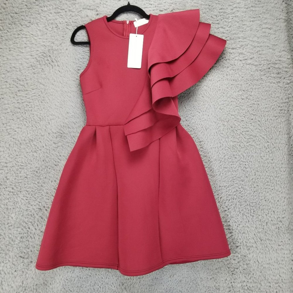Uhnice Dress Womens Small Red Ruffle One Shoulder Back Zip Cocktail NWT